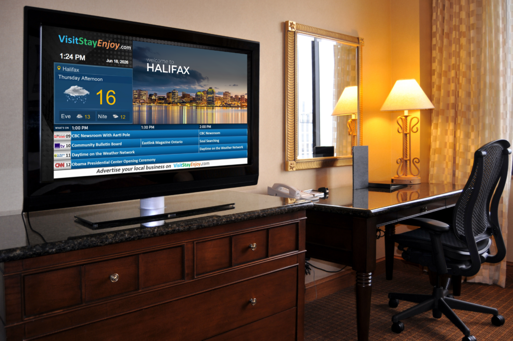 Visit Stay Enjoy TV Channel displayed in a hotel room